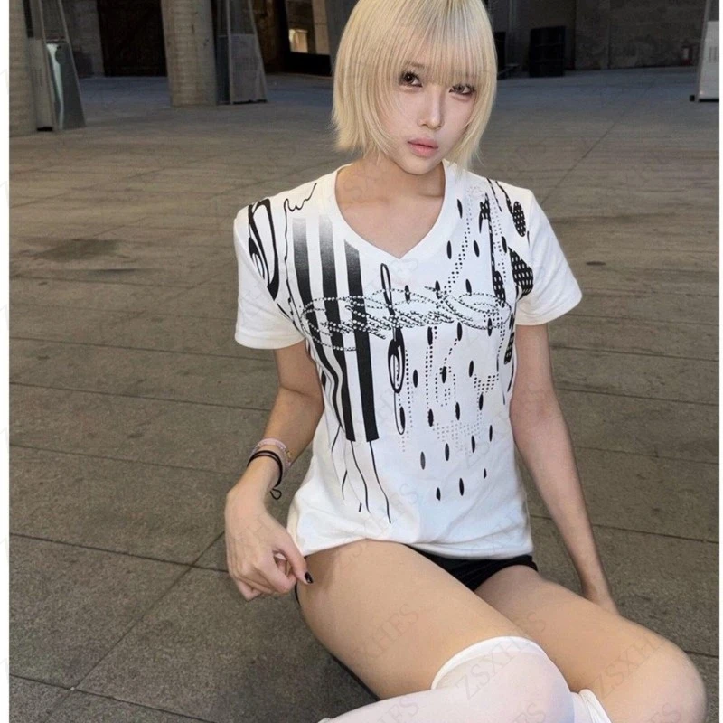 Punk Y2K T Shirt 2000s Summer Clothes Musical Note Pattern Trendy Short sleeve Gothic Hip Hop Crop Top Harajuku Personality Tops