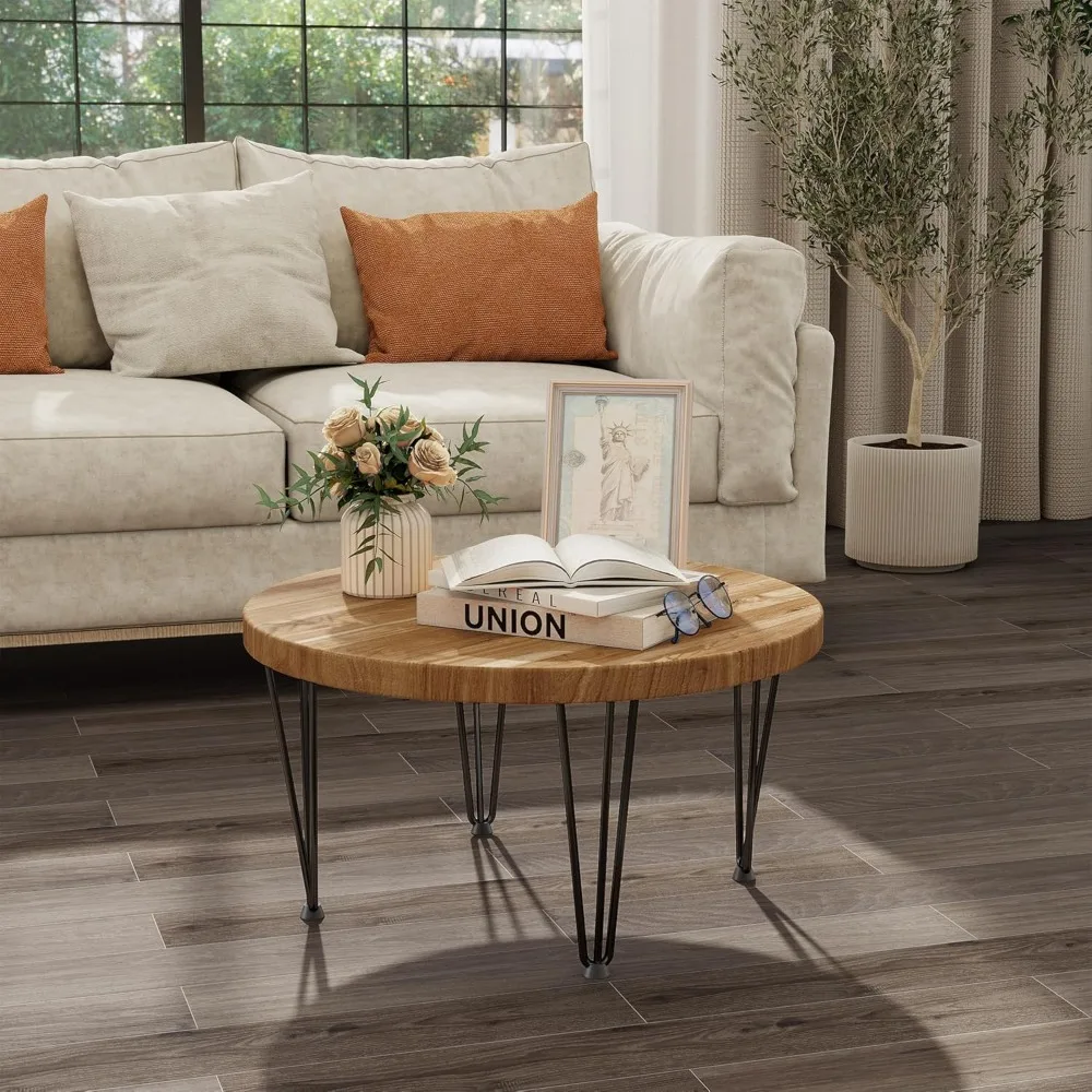Round Coffee Table - Elm Wood Nesting Table with Metal Legs & Non Slip Feet Base - Rustic Nesting End Tables for Living Room Be