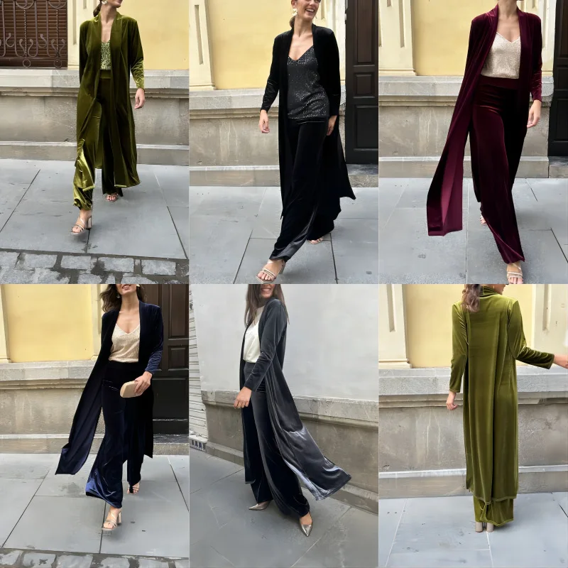 Two Piece Sets Women Solid Long Cardigan Full Sleeve Tops Wide Leg Pants Suits Midi Waist Solid Loose Fit Autumn Winter