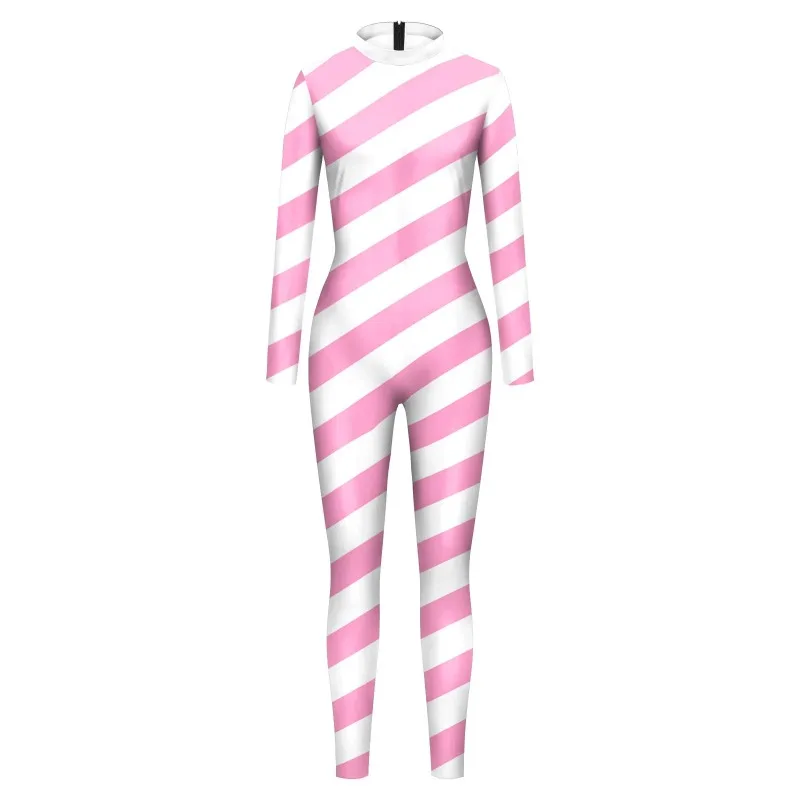 Teanoon Pink Candy Cane Jumpsuit Stripe Cosplay Costume Halloween Outfit Festival Xmas Bodysuit Christmas Party Zentai