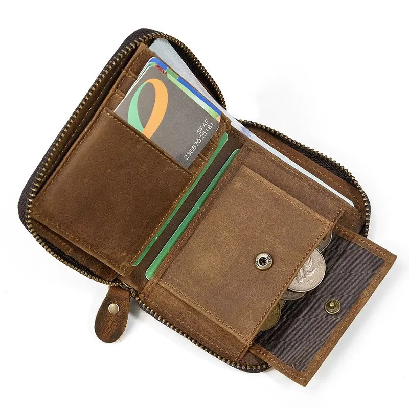 Men's real leather short zipper Wallet Crazy Horse leather simple compact card clip coin pocket multi-function business wallet