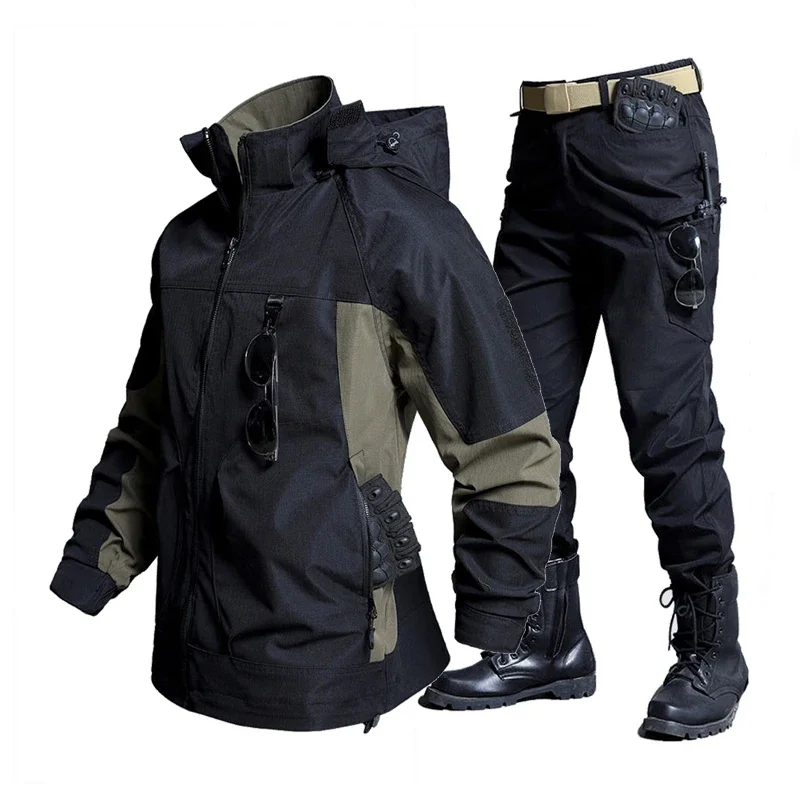 Spring Autumn Men's Tactical Softshell Sets Outdoor Men Multi-Pocket Jackets Cargo Pants Men Waterproof Windproof Hiking Sets
