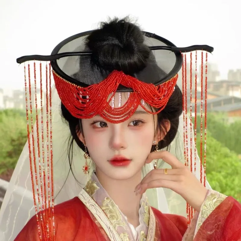 Green Tassel Hat with Beaded Warring States Period Hanfu Accessory for Stage Handmade Veil Hat for Film Shoot Cosplay Headwear