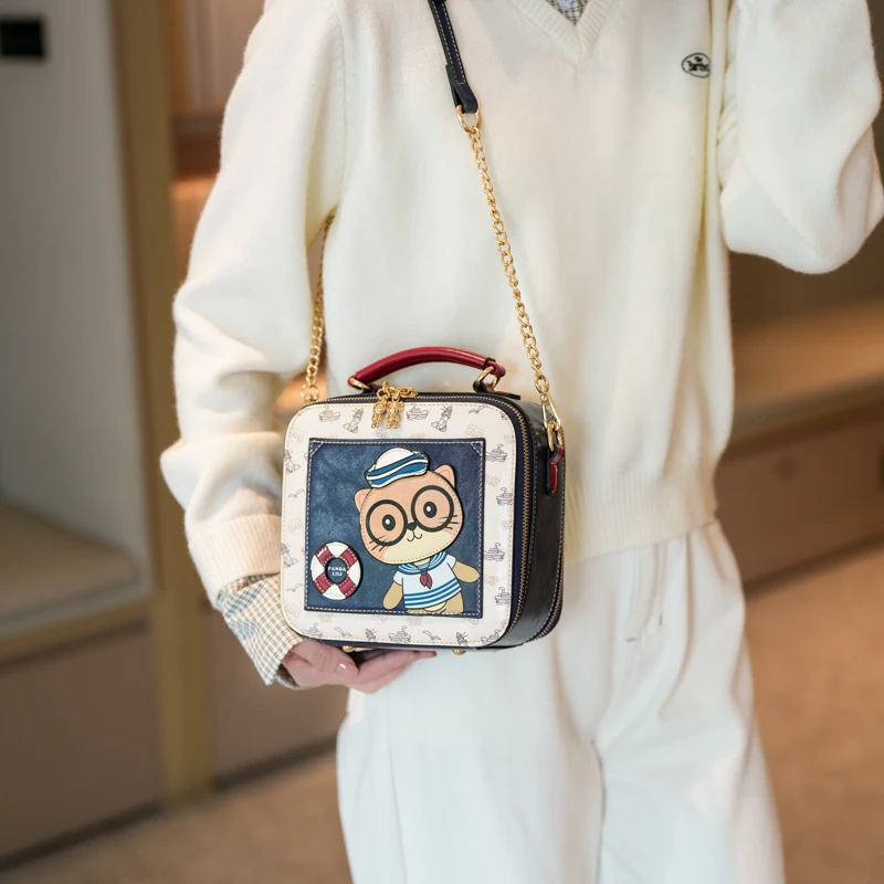BeiBaoBao Square Box Shoulder Bag 2026 New Cartoon Crossbody Bag with Metal Chain Trendy Casual Fashion Handbag