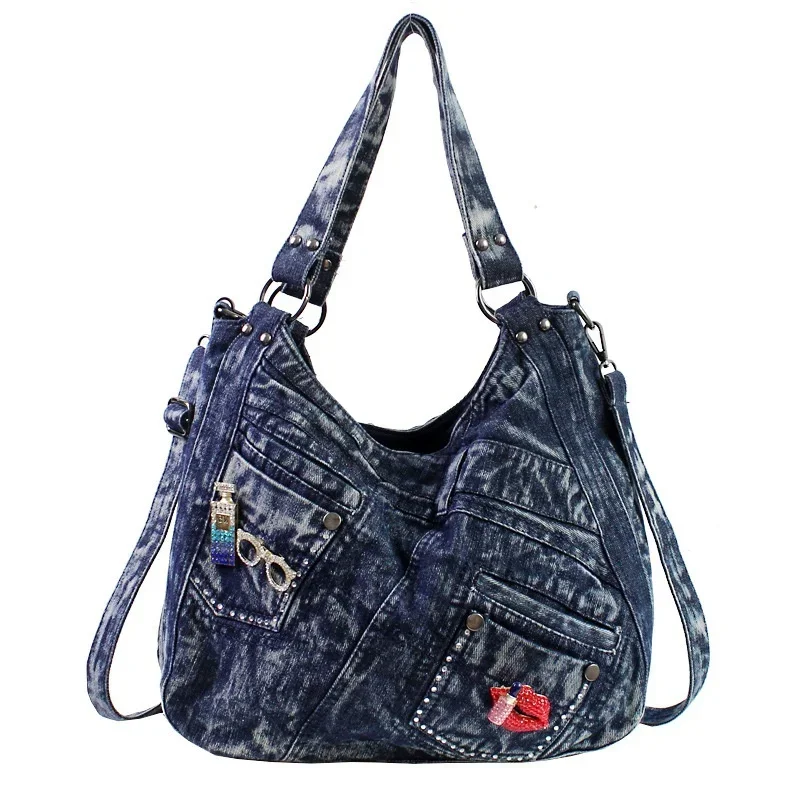 New in Denim Bags for Women Casual Shoulder Crossbody Bag with Diamomd Lip Dec Jeans Handbag Tote Bag