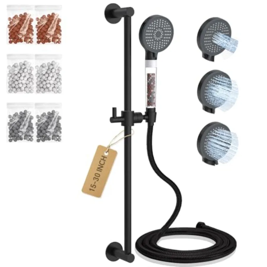 

Handheld Showerhead Set for Bathroom: Black Stainless Steel, 3-Mode Spray, 30-Inch Slide Bar, Long Metal Hose, Includes 6 Miner