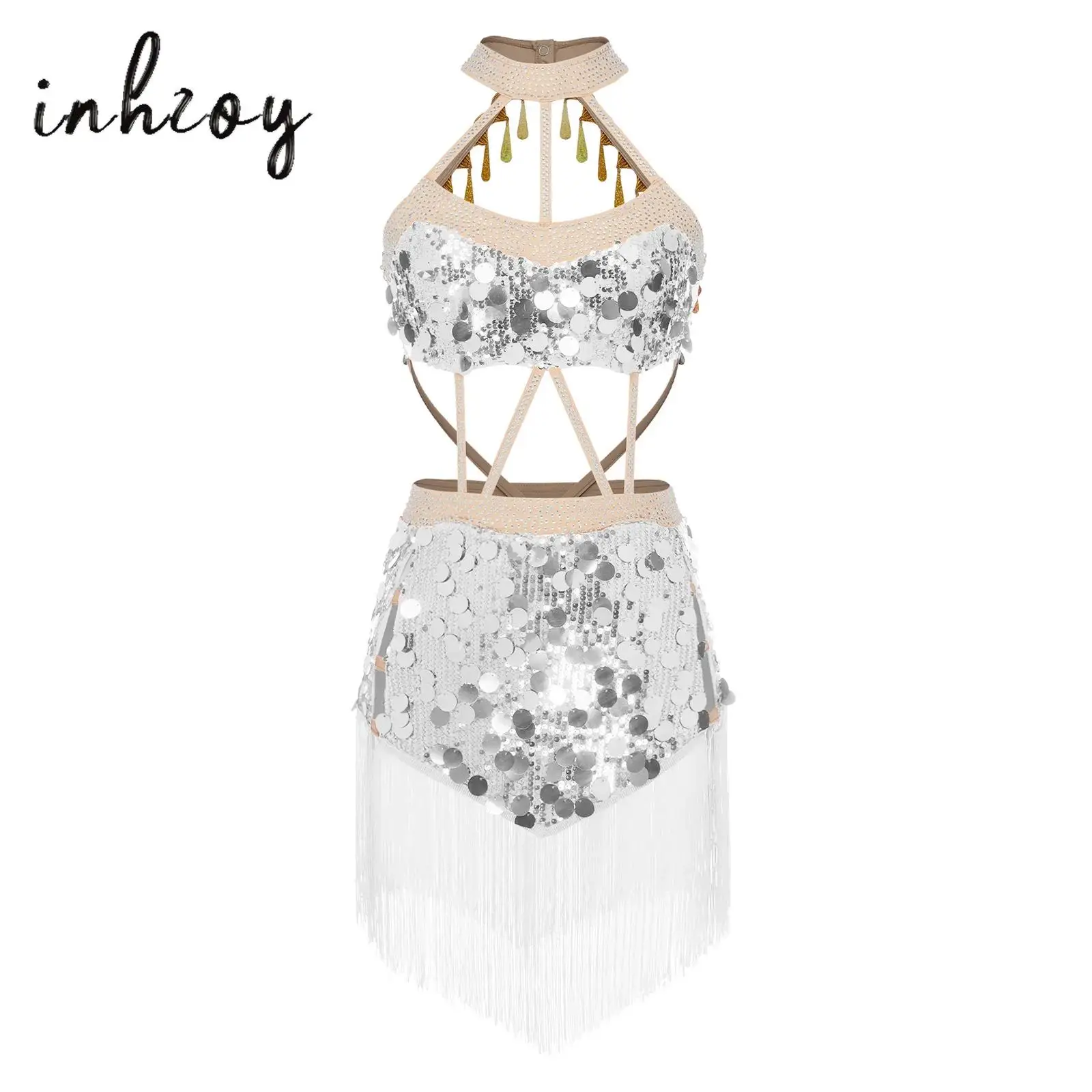 

Womens Adults Glittery Sequin Tassel Latin Dance Dress Salsa Jazz Tango Dance Sleeveless Built-in Briefs Hollow Leotards Dresses