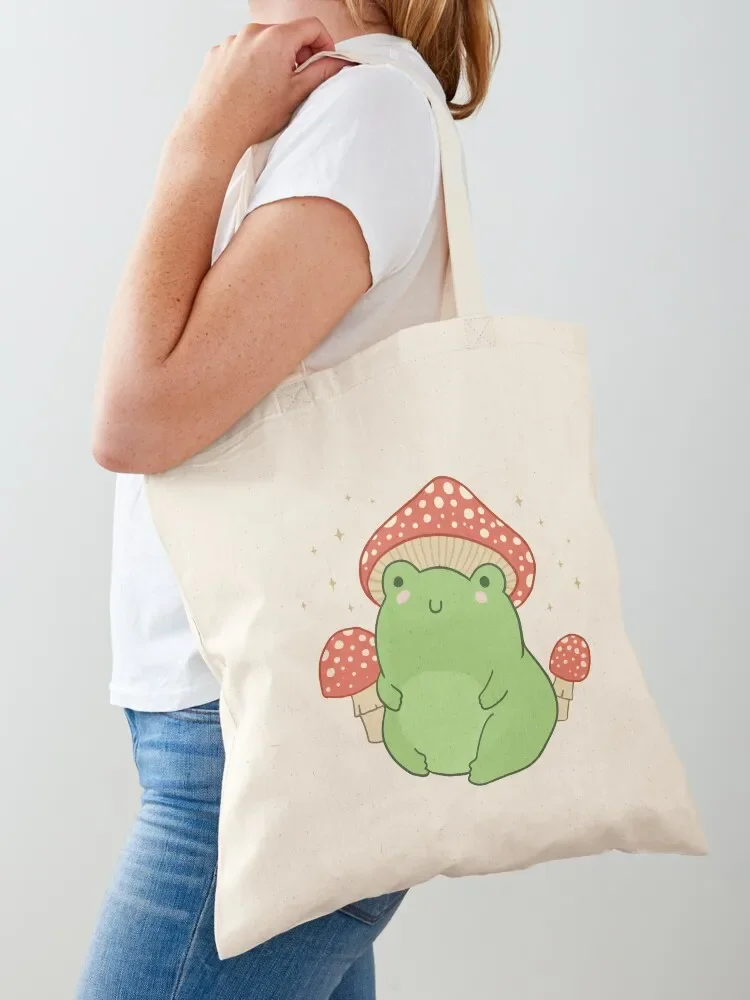 Kawaii Frog with Mushroom Hat: Cottagecore Aesthetic Froggy, Chubby Toad in Forest Themed Fantasy Toadstools Tote Bag