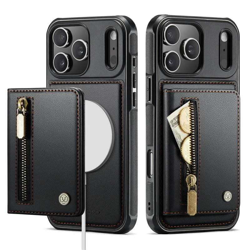 

2 in 1 Detachable Magnetic Zipper Wallet Case For iPhone 11 12 13 14 15 16 17 Pro Max Air Luxury Leather Card Slots Stand Cover