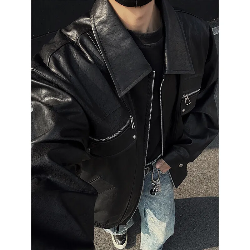 Black Leather Jacket Men Retro Pocket Motorcycle Jacket Men Streetwear Hip-hop Loose Bomber Jacket Mens Brown Cargo Jackets