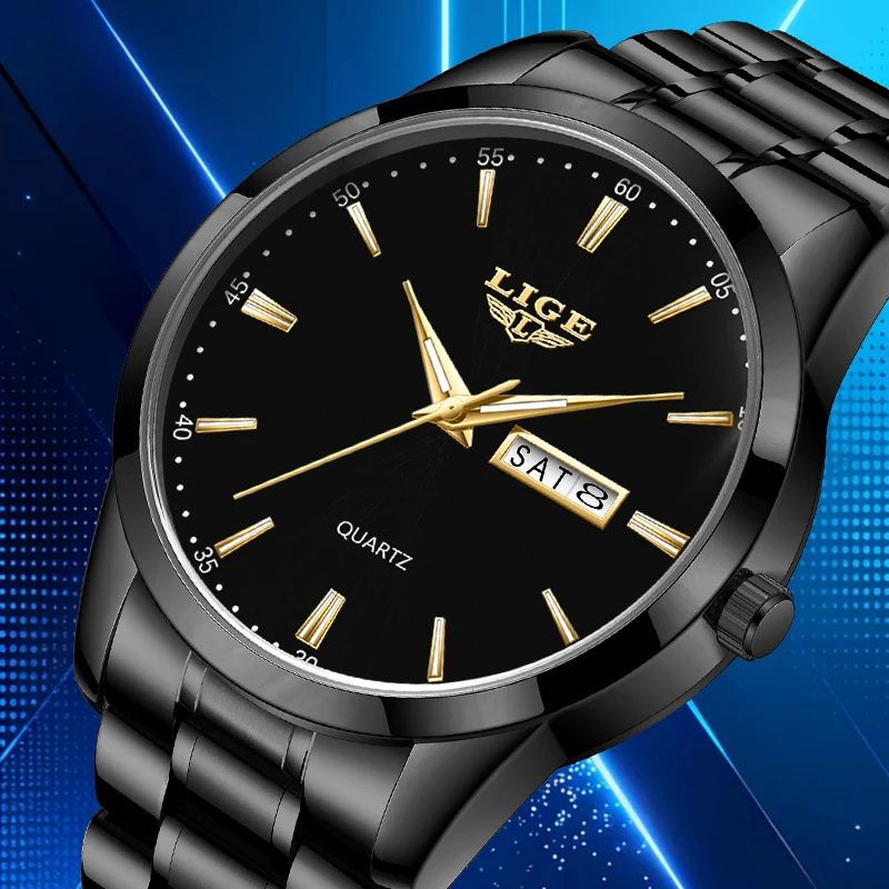 LIGE Top Brand Luxury Man Watch Casual Simple Classic Stainless Clock Stainless Waterproof Auto Date Week Quartz Watches for Men