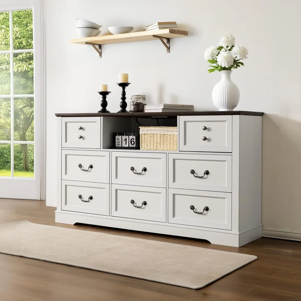 

Dresser with Power Outlets and LED Lights, Wide Rustic Wood Dressers & Chest of Drawers for Bedroom,