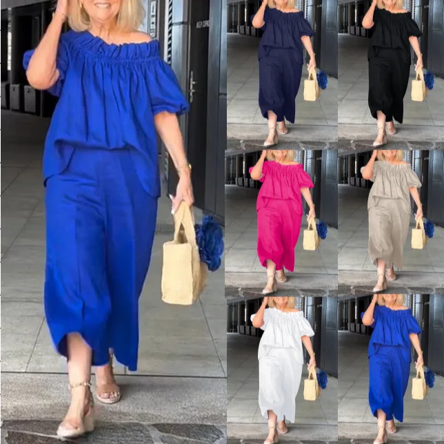 2025 カジュアルワンショルダートップ & ロングパンツスーツ女性エレガント半袖固体ルーズ 2pc セットファッション通勤衣装