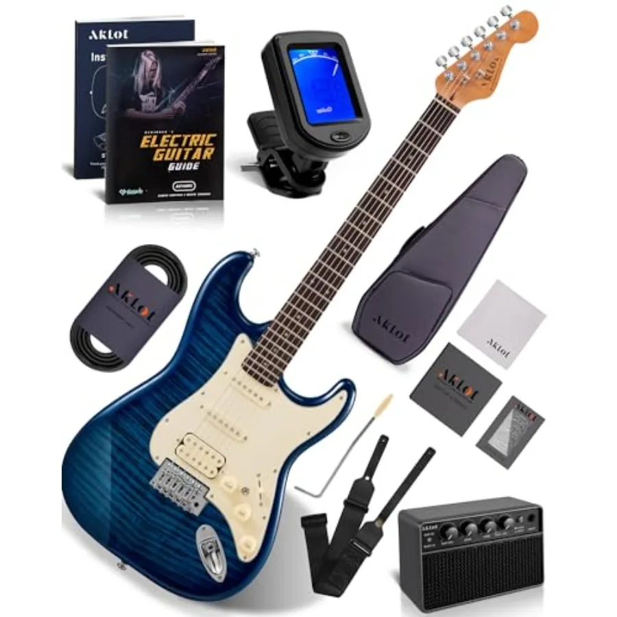 

Beginner Electric Guitar Kit with Roasted Maple Neck in Stryde Storm Blue 10W Amp Coil-Split HSS Pickups Includes Lesson Book G