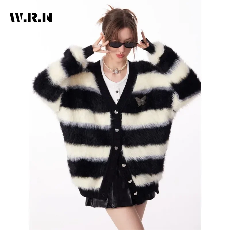 Korean Harajuku Oversized V-neck Mohair Cozy Knitted Cardigan Women Striped Single Breasted Sweater Coat Trendy Spring Fall 2024