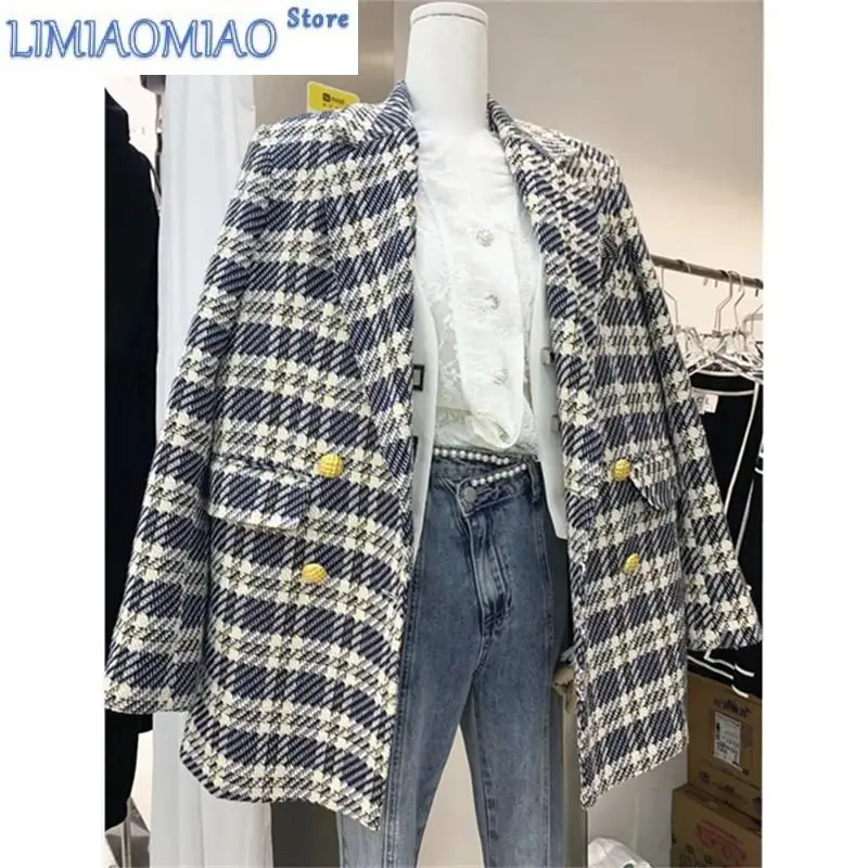 

New Tweed Suit Jacket Autumn Winter With Cotton Thickened Women's Korean Double-Breasted Temperament Wool Coat Tartan Coat