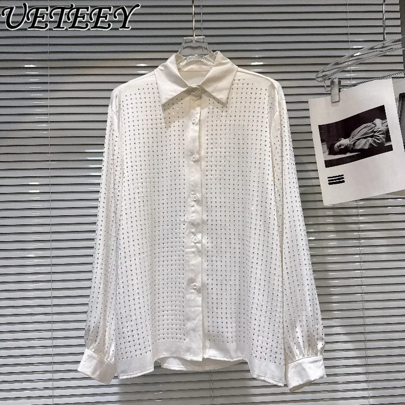 

2026 Spring New Elegant White Blouse Hotfix Rhinestones Acetate Fabric Long Sleeves Versatile Luxurious Shirt for Women