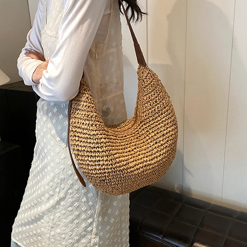 

Casual Hobos Straw Women Shoulder Bags Handmade Weave Crossbody Bags Vintage Simple Summer Beach Bag Large Capacity Tote Purses