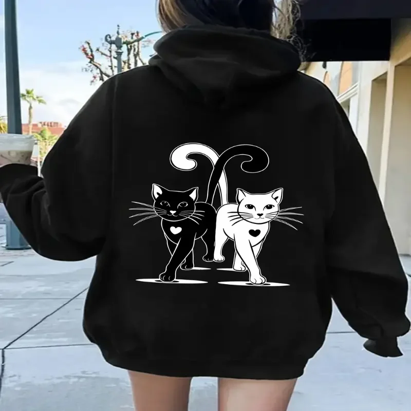 

Light Casual Hooded Sweatshirt Playful Cat Print Relaxed Fit Pullover Machine Washable Autumn And Winter Comfort For Casual Wear