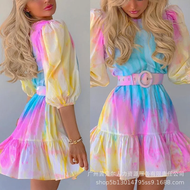 Summer Sweet Ruffle Dress High Waist Slim Fits Y2K Tie-Dye Color Dress Belt O-neck Short Sleeve A-line Cute Ladies Dress