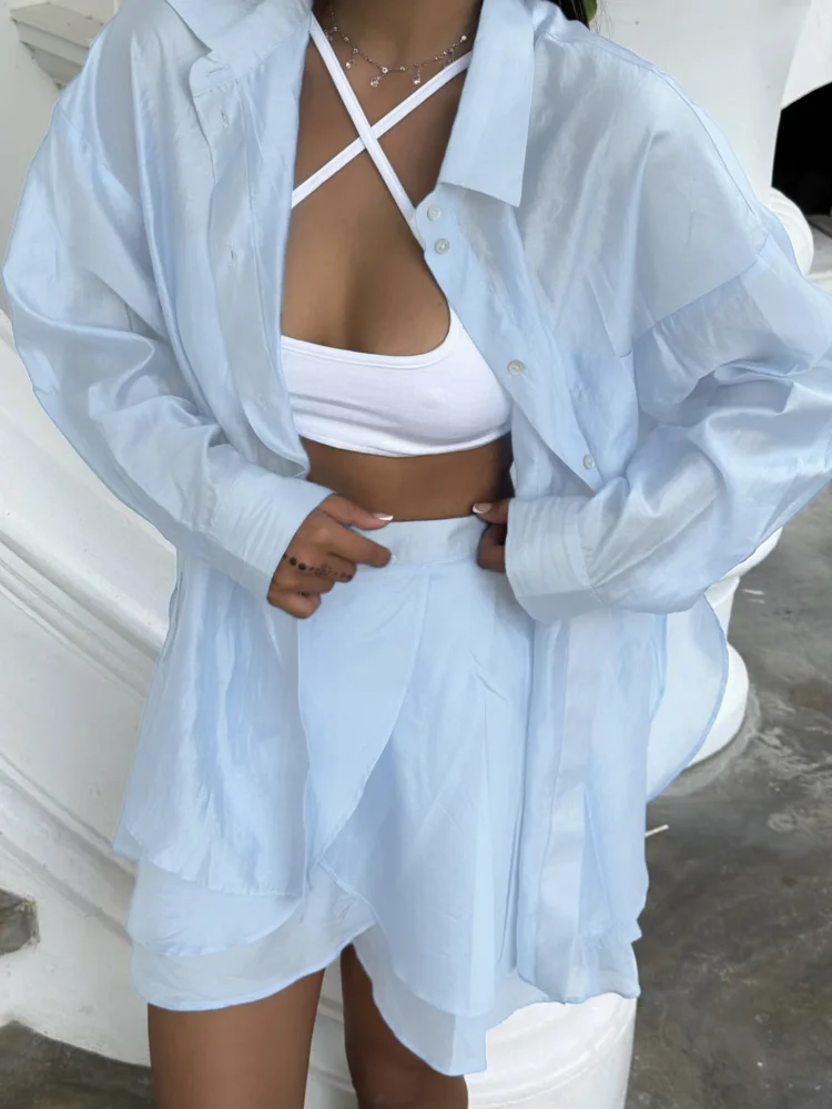 

Women Oversized Solid Linen Shirt & Wrap Ruffled Skort Long‑sleeve Two‑piece Set Vacation Long‑sleeve Outfit Beach Casual Suits