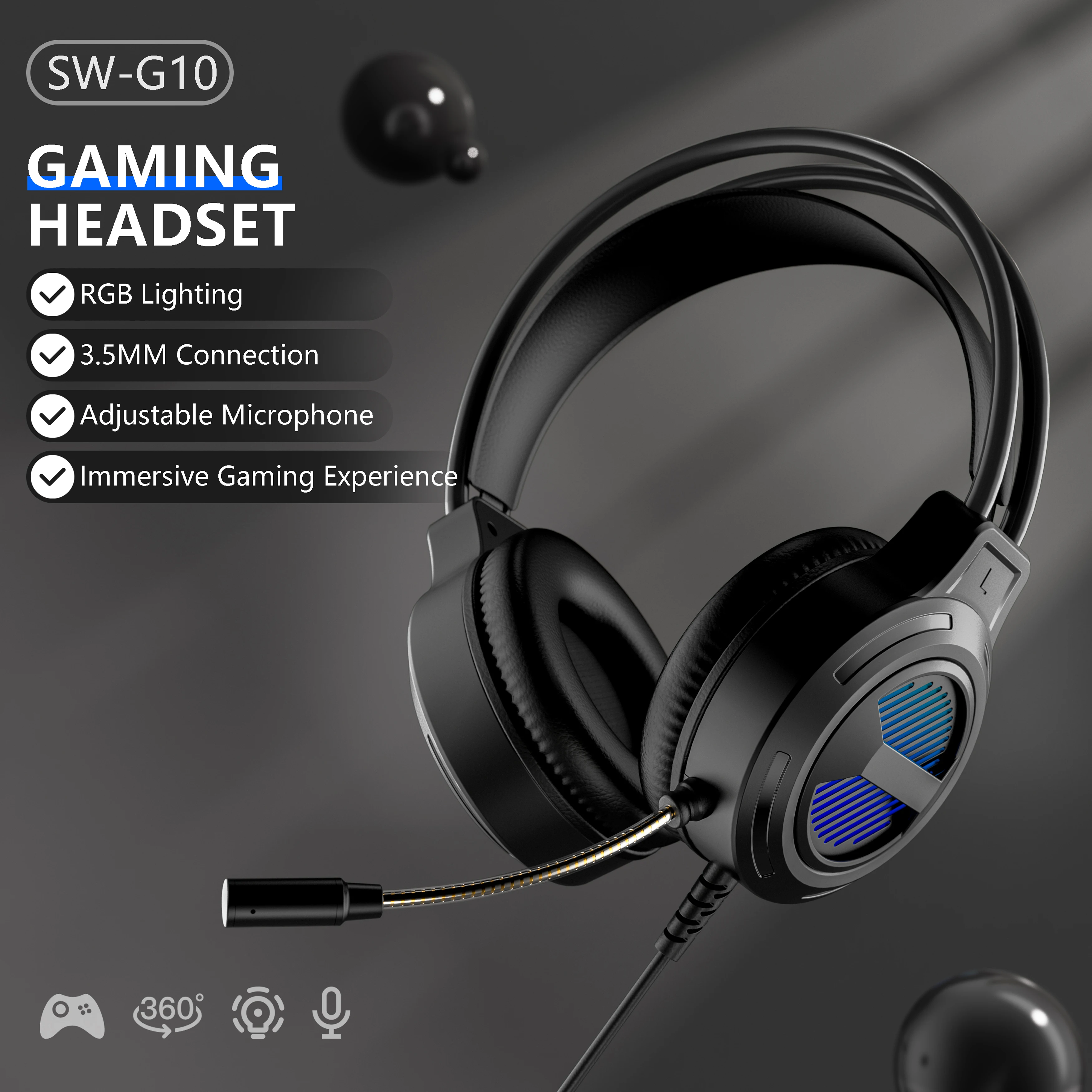 SW-G10 Gaming Headphones Wired RGB lighting USB Gaming Headphones forHeadset Bluetooth3.5mm connection Wearable Computers