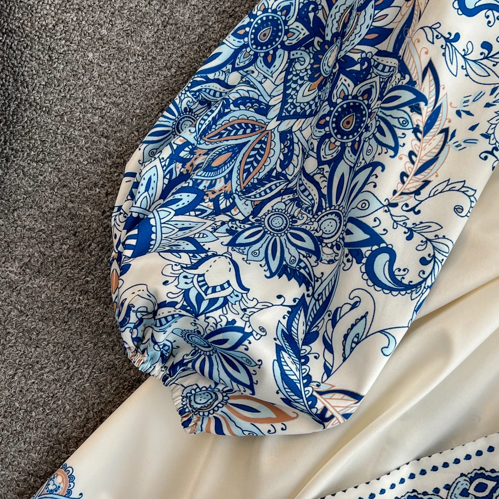 UNI Spring Elegant Women Dress 2025 Fashion Puff Sleeve V Neck Boho Print Dress Vintage Belt Loose Party Dresses Femme Vestidos