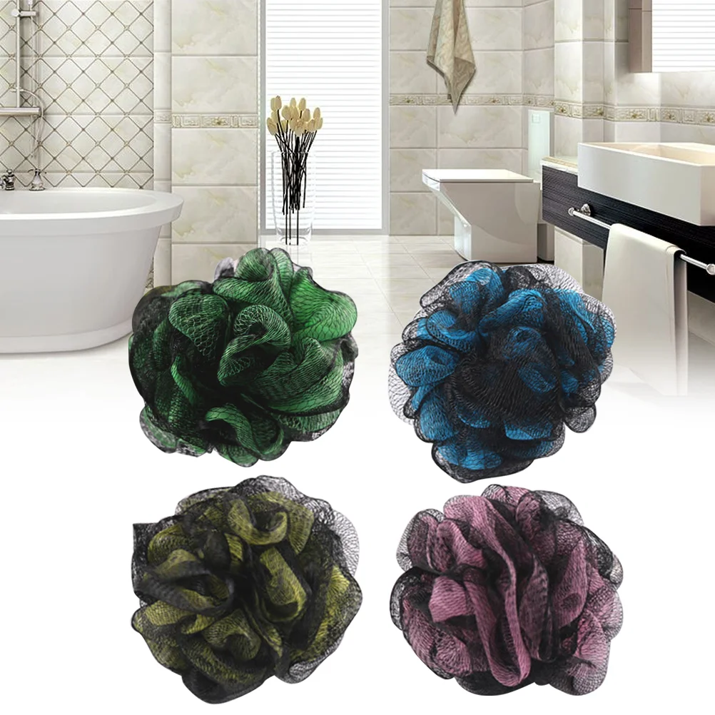 

4pcs Large Shower Ball Bath Ball Double Color Mesh Sponge Mesh Pouf 50G(Black Blue + Black Yellow + Black Green + Black Pink）