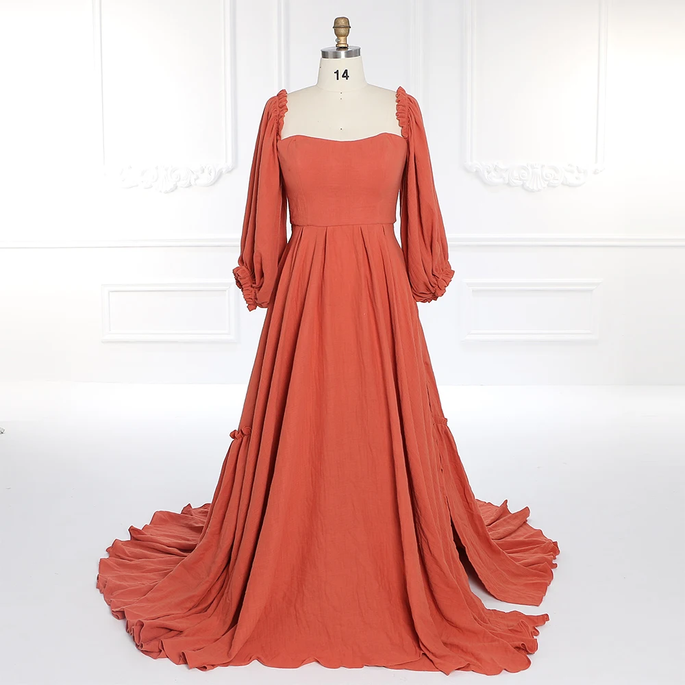 

Square Neckline Wedding Dresses Long Sleeves Cotton Maxi Dress for Photoshoot Elastic Waist Bespoke Occasion Dresses YW231072