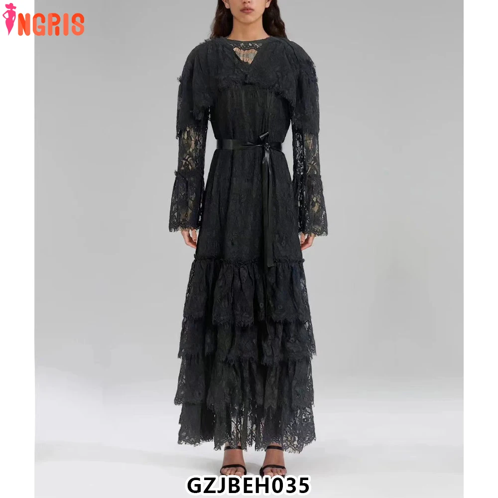 

Lace Dresses 2025 Spring Style Ruffled Trumpet Sleeves Long Sleeve Cake Long Dress-GZJBEH035
