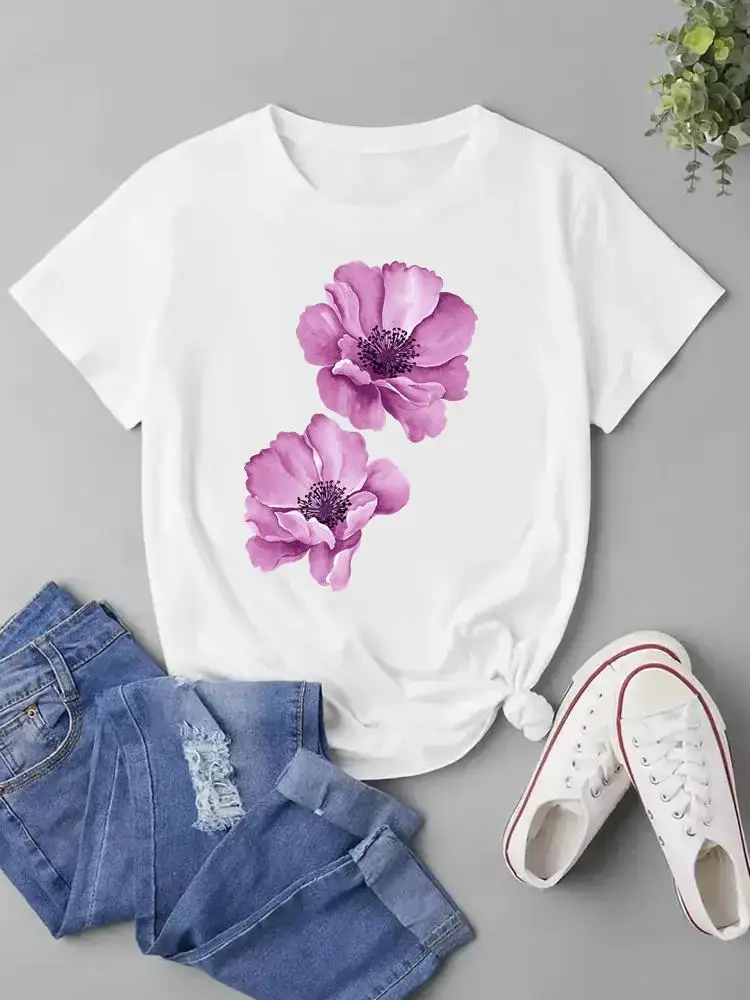 Love Heart Flower Trend Cute 90s Fashion T Shirt Short Sleeve Clothes Graphic T-shirt Women Female Print Top Ladies Clothing Tee