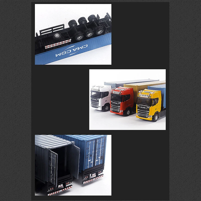 SCANIA-Diecast Metal Container Truck Toy, Puxar Para Trás Modelo, Som e Luz, Brinquedos Do Carro De Reboque, Presentes De Natal, 1:50