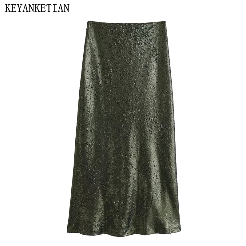 

KEYANKETIAN New Launch Women's Sequined Decoration Fashion Elastic High-Waisted MIDI Skirt Female Luxury A Line Ankle Long Skirt