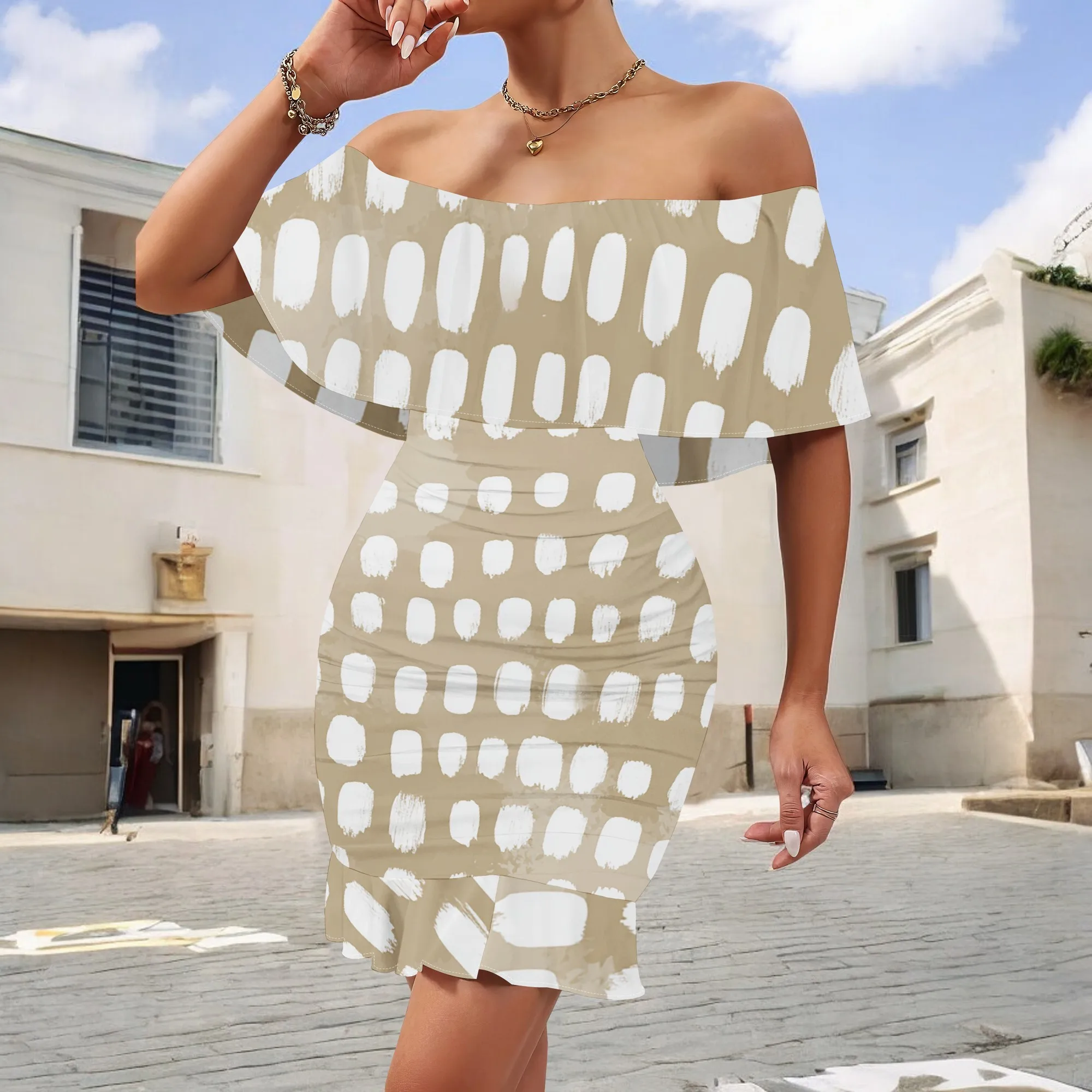 

Women's Off Shoulder Mini Dress S-3XL | Abstract Dot Ruffle Bodycon Sundress | Ruched Summer Club Party Beach Wear