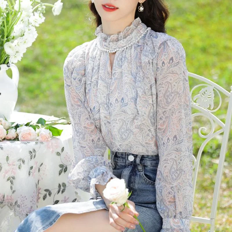 2023 New Spring and Summer Fashion Commuter Floral Standing Neck Studded Bead Hollow Out Style Simple Long Sleeve Loose Shirt