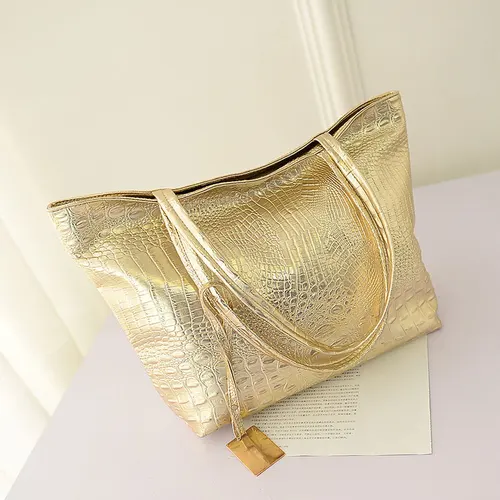 Bolsos de hombro informales de marca a la moda para mujer, bolso de cocodrilo plateado, dorado y negro, bolso de mano grande de piel sintética para mujer, bolsos de mano para mujer