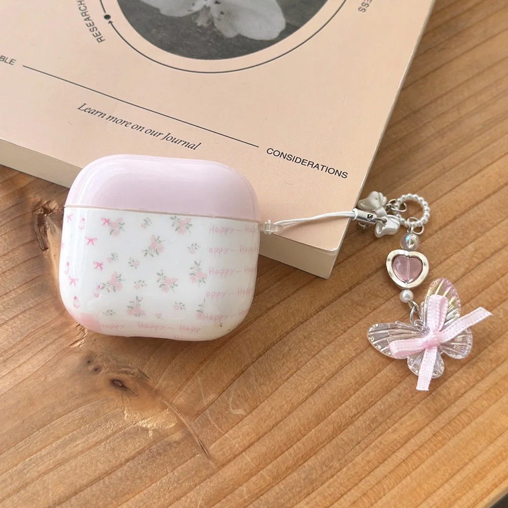 

Корейский милый розовый чехол с подвеской в виде цветка и бабочки для Apple AirPods 1 2 3 4 Pro 2, противоударный защитный чехол