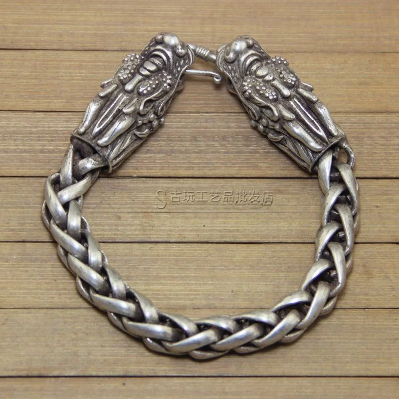 

Vintage Antique Crafts White Copper Miao Silver Double Heads Bracelet Pendant