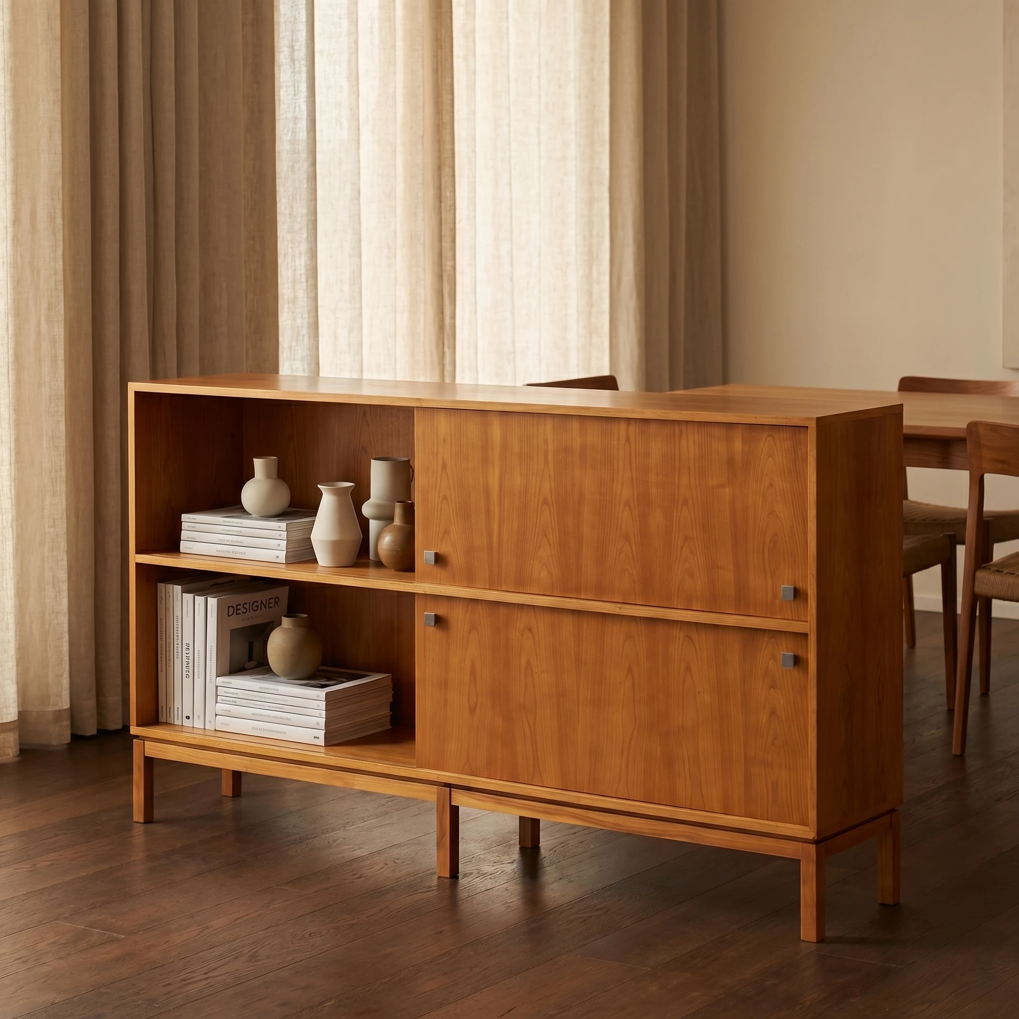 Luxury modern mid-century style solid wood four-drawer filing cabinet with drawer-style hinged doors