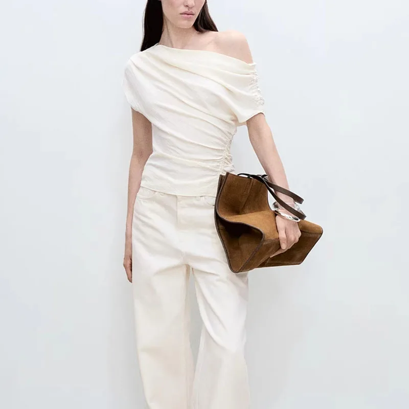 Spring 2025 Women's Street Style Asymmetric Shoulder Gathered Waist Top Polyester Fiber 100% ZADATA Brand New Arrival