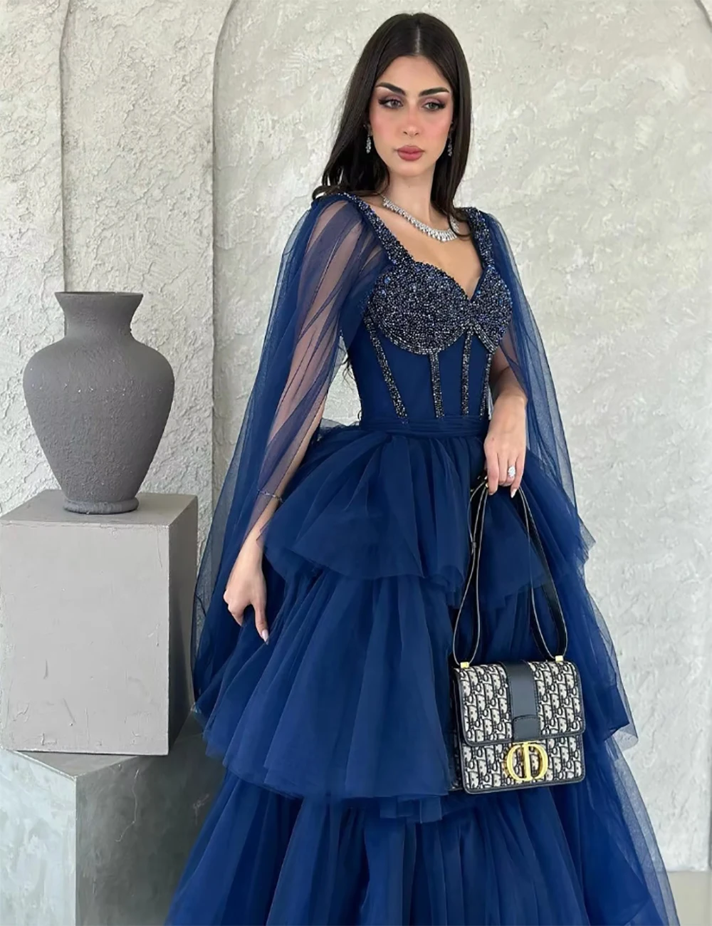 Elegant  Royal Blue  Prom Dresses Tulle Tiered Evening Dress A-Line Special Occasion Gown With Shawl Vestidos De Novia