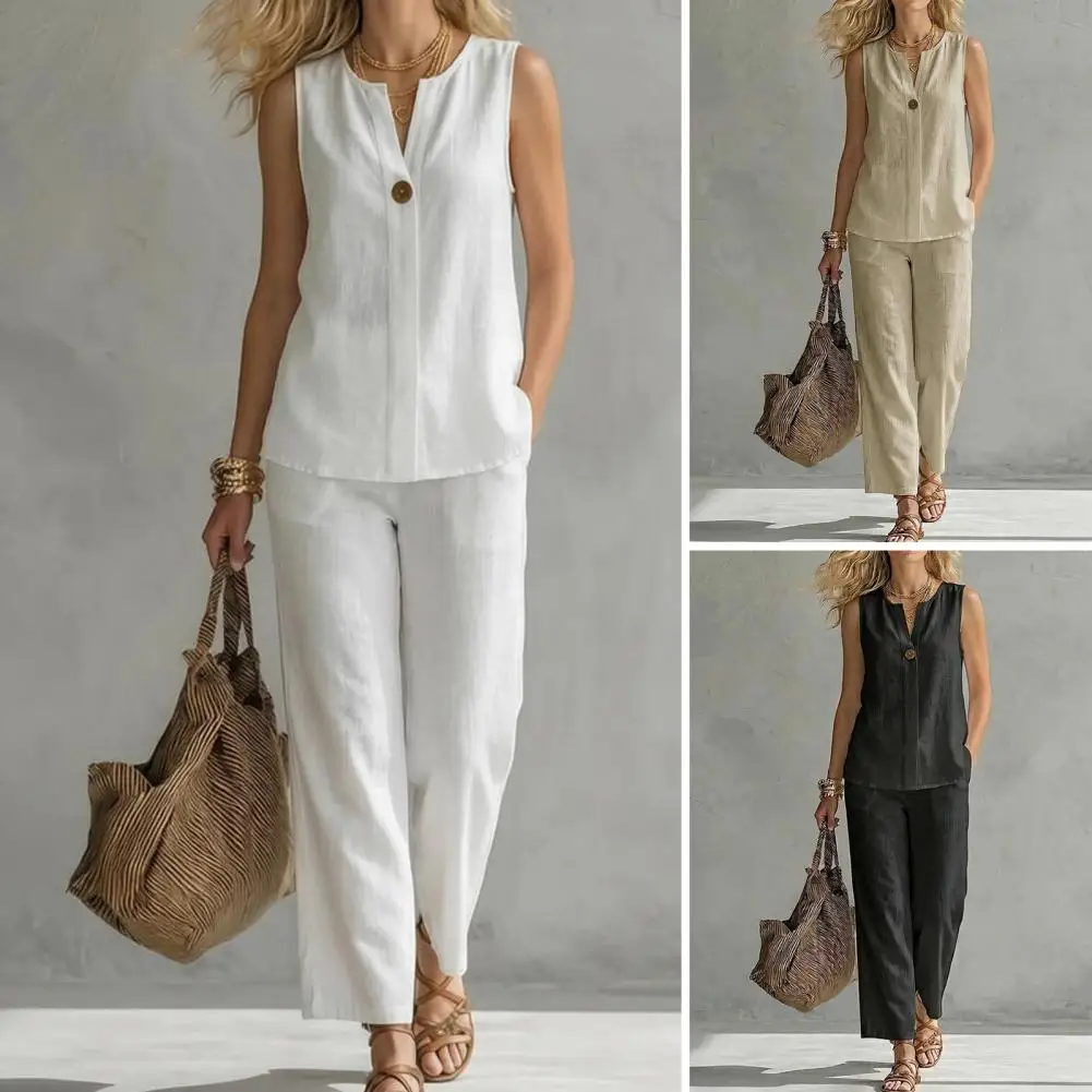 2 Piece Cotton Linen Sets for Women, Sleeveless V Neck Tank Top And Wide Leg Pants Casual Lounge Outfits with Pockets