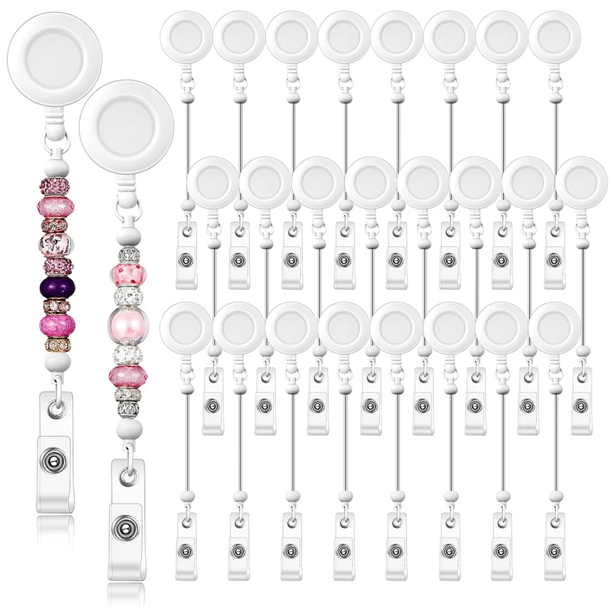 24 Pcs Beadable Badge Reel Retractable Clips Holder for Beads Bulk Blank Bar ID Name Badge Reels with Belt Clip,White