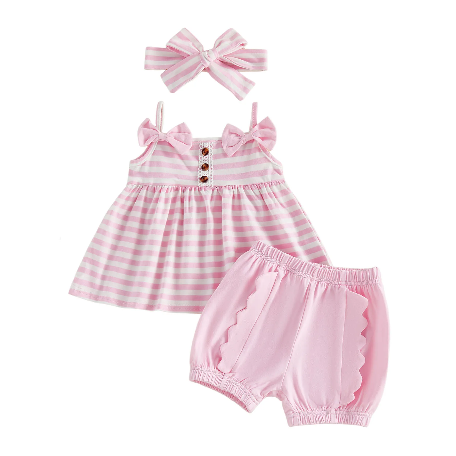 

Летние комплекты из 3 предметов для маленьких девочек: топы без рукавов в полоску, шорты-фонарики, наборы с повязками на голову