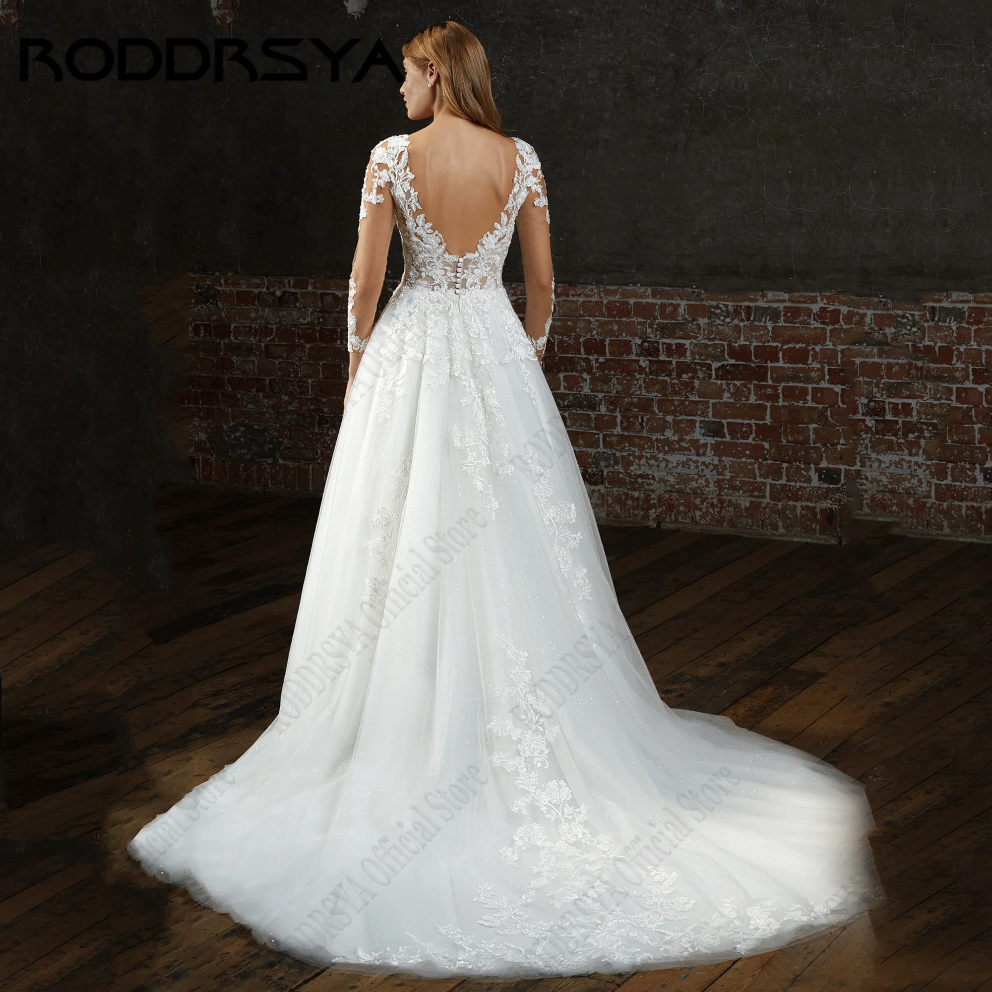 RODDRSYA Vestido De Noiva Mangas Compridas A Linha Glitter Tulle Vestidos De Noiva Applique Lace Backless Elegante Vestidos De Casamento Para As MulheresRODRSYA Vestido de Noiva Mangas Longas A Linha Glitter Tulle Vest