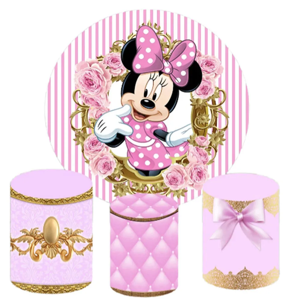 

Minnie Mouse Round Backdrop 3 Cylinder Cover 4 Piece Background Photography Baby Shower Birthday Party Dessert Table Decorate