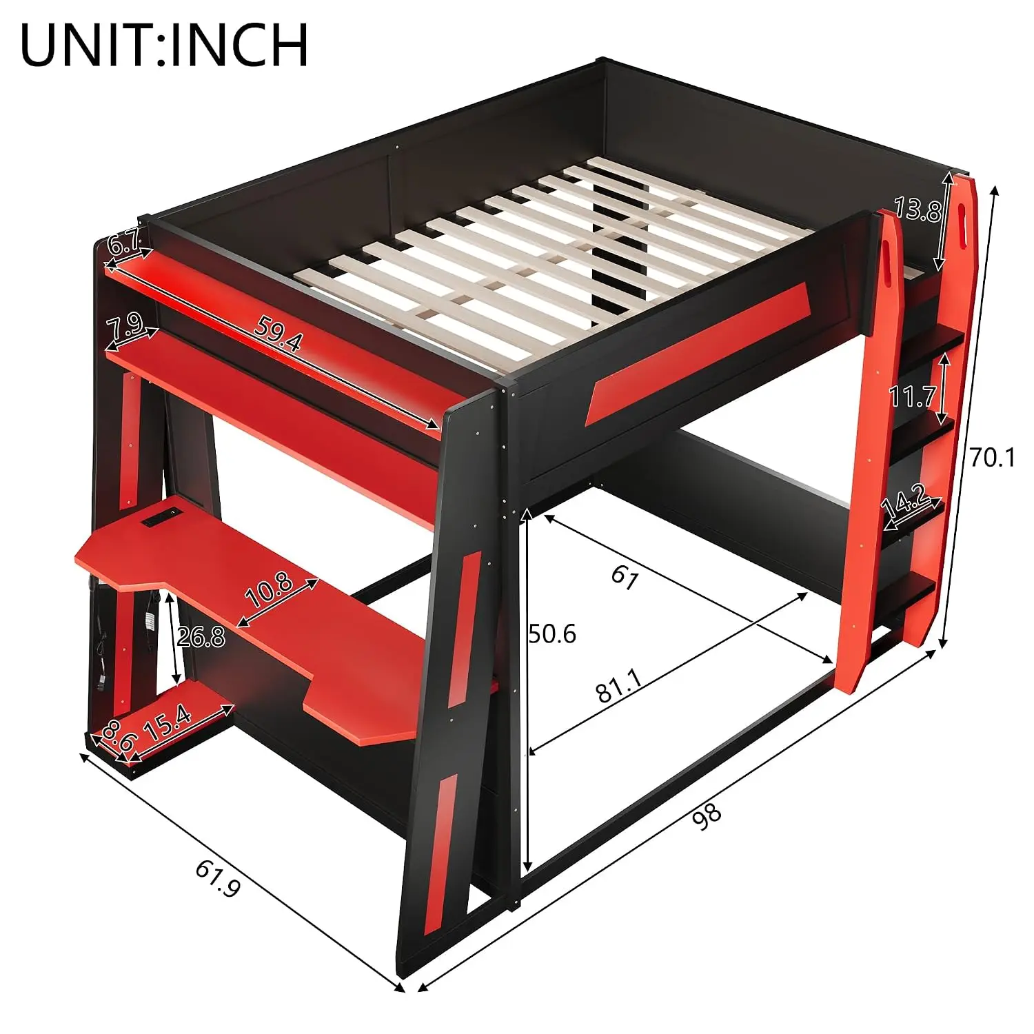Queen Over Queen Bunk Bed Desk USB LED Light Solid Wood Gaming Loft Bed Storage Shelves Under Space, Customized