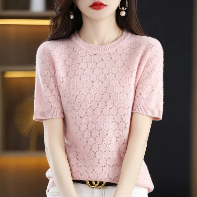 

New Women Sweater Short Sleeve O-neck Stripe Knitwears Slim Fit Shirt Jumpers Fashion Pullovers Thin Knit Bottoming Tops Q867