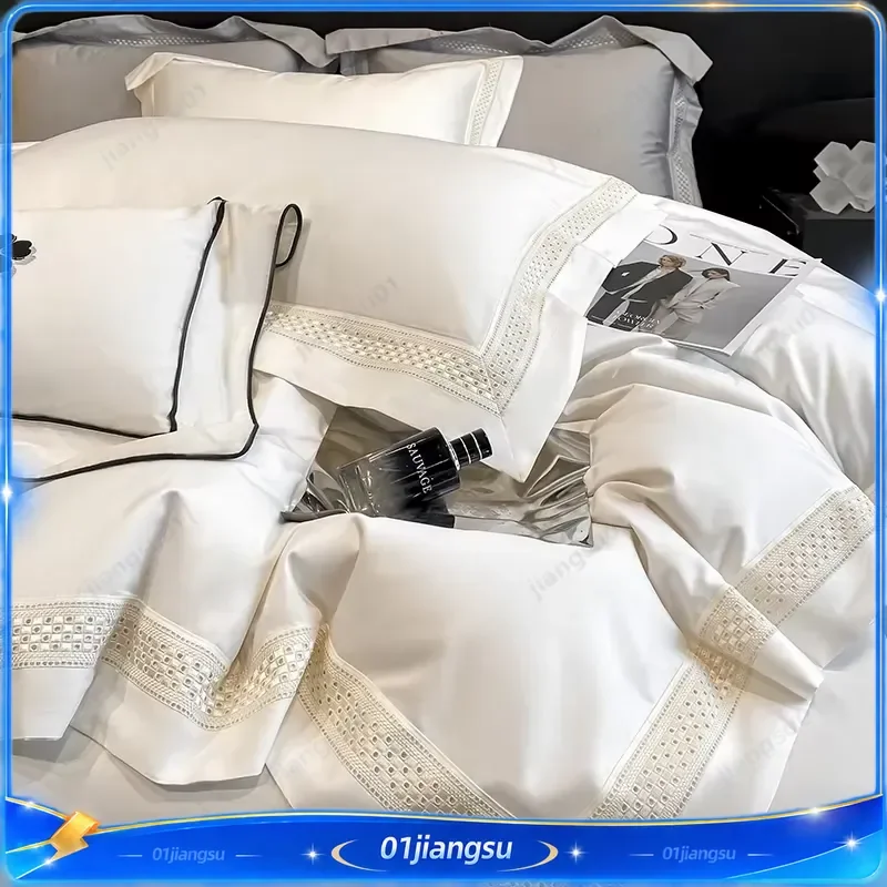 Egyptian Cotton Bedding Set Luxury Hollow Edge Duvet Cover 2 Pillowcases Flat Fitted Sheet White Grey Pink Blue Home Textile