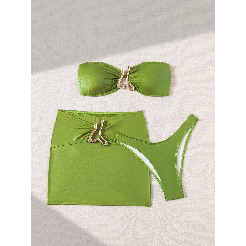 2025 New Year Hot Sale Tube Top Strap Metal Ornament Sexy Bikini Three Piece Swimsuit Women